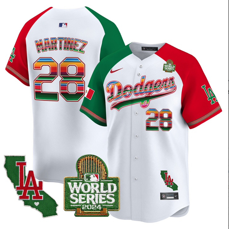 Men MLB Mexico Los Angeles Dodgers #28 Martinez white 2024 World Series Champions Patch Jersey 2024110 style 3->los angeles dodgers->MLB Jersey